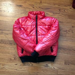 Red puffer jacket